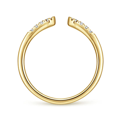 The Gabriel & Co 14K Yellow Gold Split Diamond Stackable Ring showcases five natural diamonds on each end and a smooth, polished finish. Perfect for stacking and adding everyday elegance to your look.