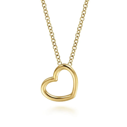 The Gabriel & Co 14K Yellow Gold Tilted Heart Pendant Necklace features a delicate chain and heart pendant, shown against a white background.