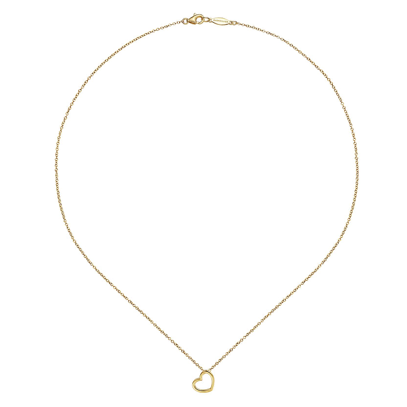 The 14K Yellow Gold Tilted Heart Pendant Necklace by Gabriel & Co features a delicate chain and a small, angled heart pendant at the center—an elegant, timeless accessory.