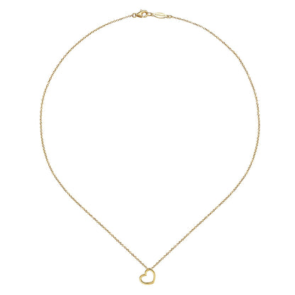The 14K Yellow Gold Tilted Heart Pendant Necklace by Gabriel & Co features a delicate chain and a small, angled heart pendant at the center—an elegant, timeless accessory.