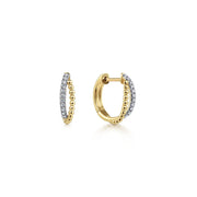 Gabriel & Co 14K Yellow Gold Twisted Pave 10mm Diamond Huggie Earrings feature a textured bead design on one side and sparkling diamonds on the other, shown from front and side. These chic earrings bring effortless elegance to any look.