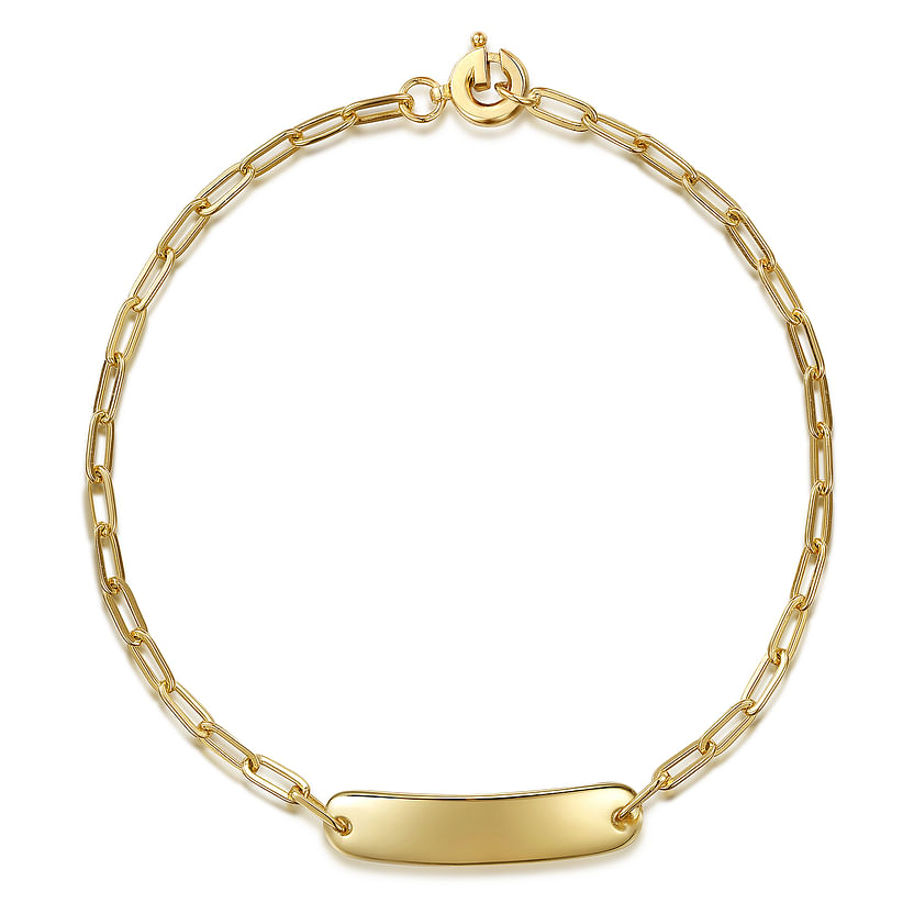 The Gabriel & Co 14K Yellow Plain Gold Hollow Paperclip Chain Personalized ID Bracelet features a sleek elongated oval nameplate and round clasp, offering simple elegance for a perfect personalized accessory.