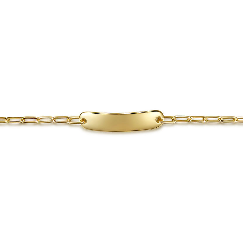 The Gabriel & Co 14K Yellow Plain Gold Hollow Paperclip Chain Personalized ID Bracelet features a polished, rectangular nameplate and a simple chain link band, displayed on a white background.