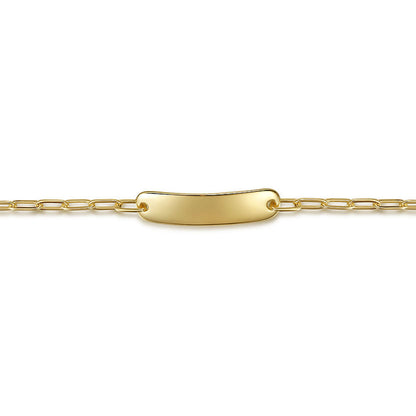 The Gabriel & Co 14K Yellow Plain Gold Hollow Paperclip Chain Personalized ID Bracelet features a polished, rectangular nameplate and a simple chain link band, displayed on a white background.