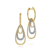 Gabriel & Co 14K Yellow-White Gold Diamond Huggie Earrings feature graduating teardrops in gold and silver finishes, displayed on a plain white background.
