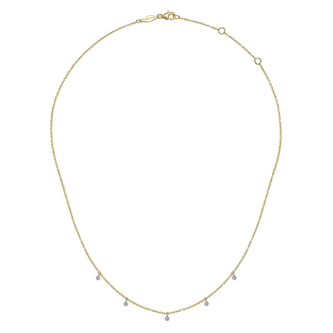 The Gabriel & Co 14K Yellow-White Gold Diamond Stations Droplet Necklace features five evenly spaced diamond-like stones in a delicate design from the Contemporary Collection.