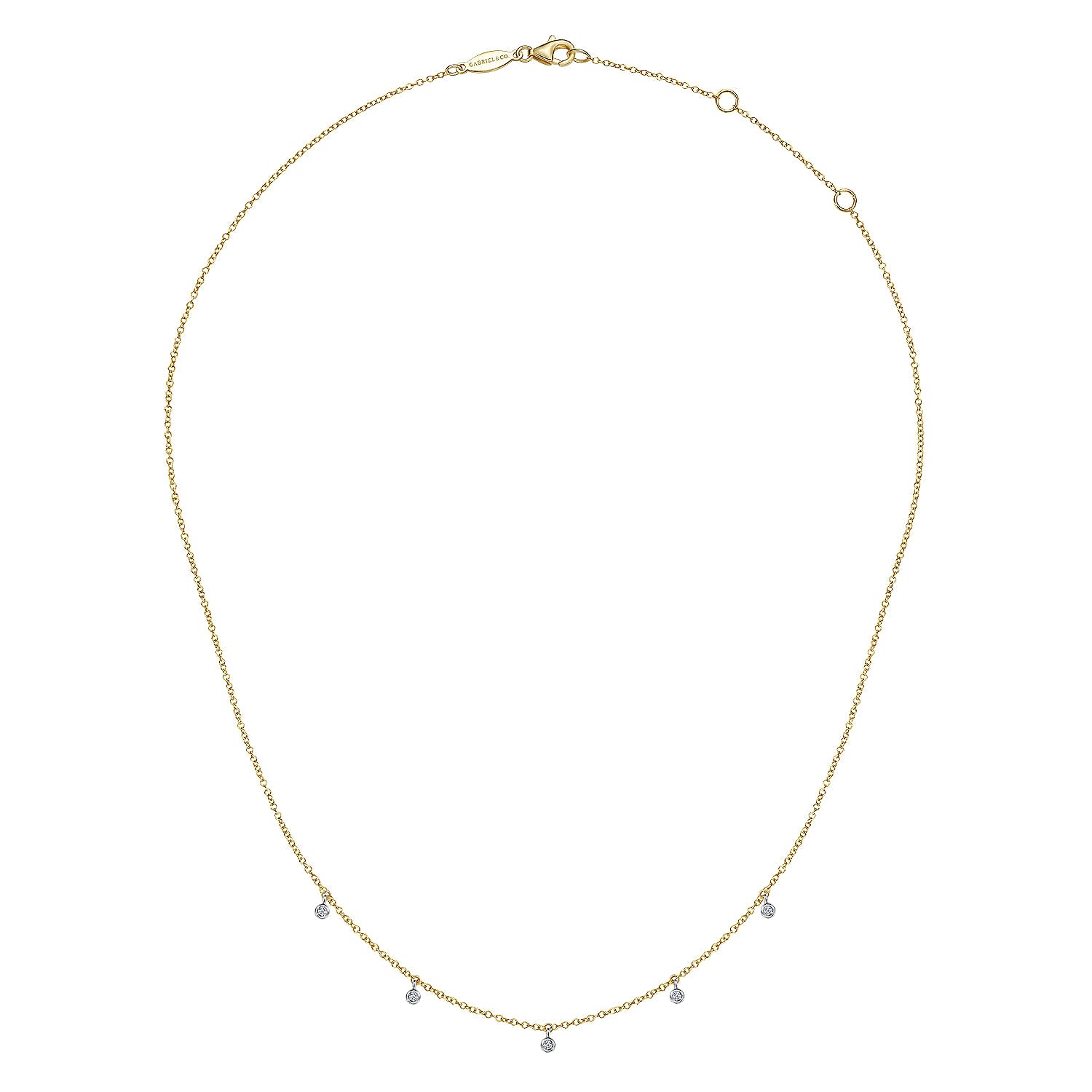 The Gabriel & Co 14K Yellow-White Gold Diamond Stations Droplet Necklace features five evenly spaced diamond-like stones in a delicate design from the Contemporary Collection.