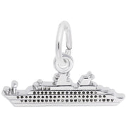 The Small Ocean Liner - Sterling Silver Charm by Rembrandt Charms is a sterling silver charm designed in the shape of a small ocean liner. It boasts intricate detailing, including several decks, tiny portholes, and lifeboats, and features a small loop at the top for easy attachment to a bracelet or necklace.