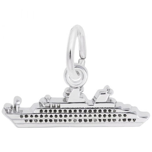 The Small Ocean Liner - Sterling Silver Charm by Rembrandt Charms is a sterling silver charm designed in the shape of a small ocean liner. It boasts intricate detailing, including several decks, tiny portholes, and lifeboats, and features a small loop at the top for easy attachment to a bracelet or necklace.