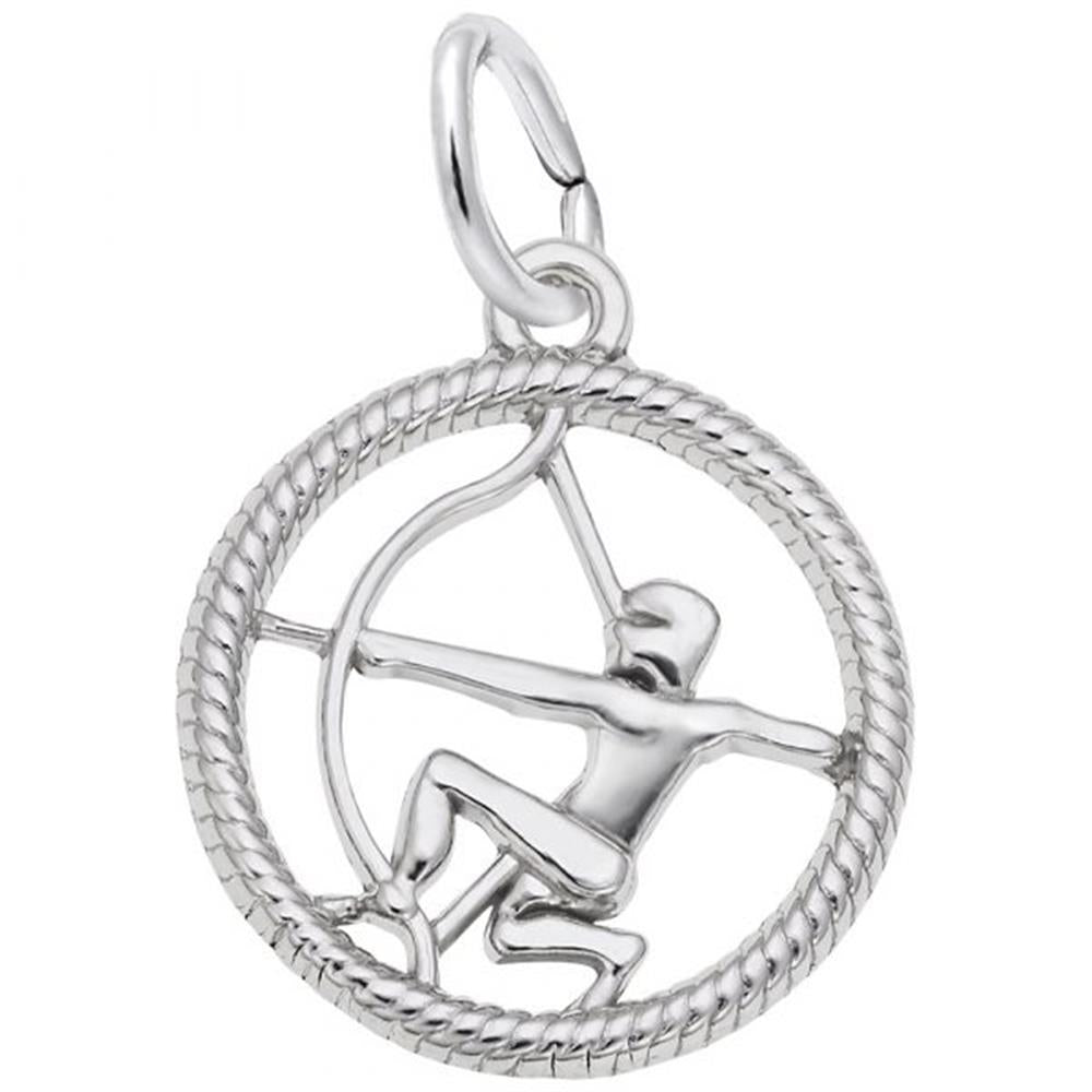 The Rembrandt Charms Sagittarius Charm in Sterling Silver showcases a dynamic archer drawing a bow, framed within a round, twisted rope-like border. With arms extended and one knee bent, it is an ideal accessory for Sagittarius Zodiac enthusiasts. The pendant includes a loop at the top for easy attachment to a chain.