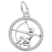 The Rembrandt Charms Sagittarius Charm in Sterling Silver showcases a dynamic archer drawing a bow, framed within a round, twisted rope-like border. With arms extended and one knee bent, it is an ideal accessory for Sagittarius Zodiac enthusiasts. The pendant includes a loop at the top for easy attachment to a chain.