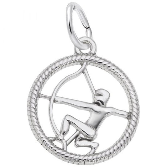 The Rembrandt Charms Sagittarius Charm in Sterling Silver showcases a dynamic archer drawing a bow, framed within a round, twisted rope-like border. With arms extended and one knee bent, it is an ideal accessory for Sagittarius Zodiac enthusiasts. The pendant includes a loop at the top for easy attachment to a chain.