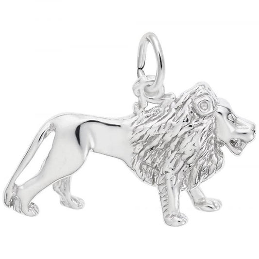 A detailed image of the Sterling Silver Lion Charm by Rembrandt Charms. This charm features an intricately detailed lion, measuring 0.94 inches by 0.57 inches (23.78 mm by 14.55 mm). The charm has a polished sterling silver finish, perfect for adding a touch of majesty and strength to any charm bracelet or necklace. Style number 1234.