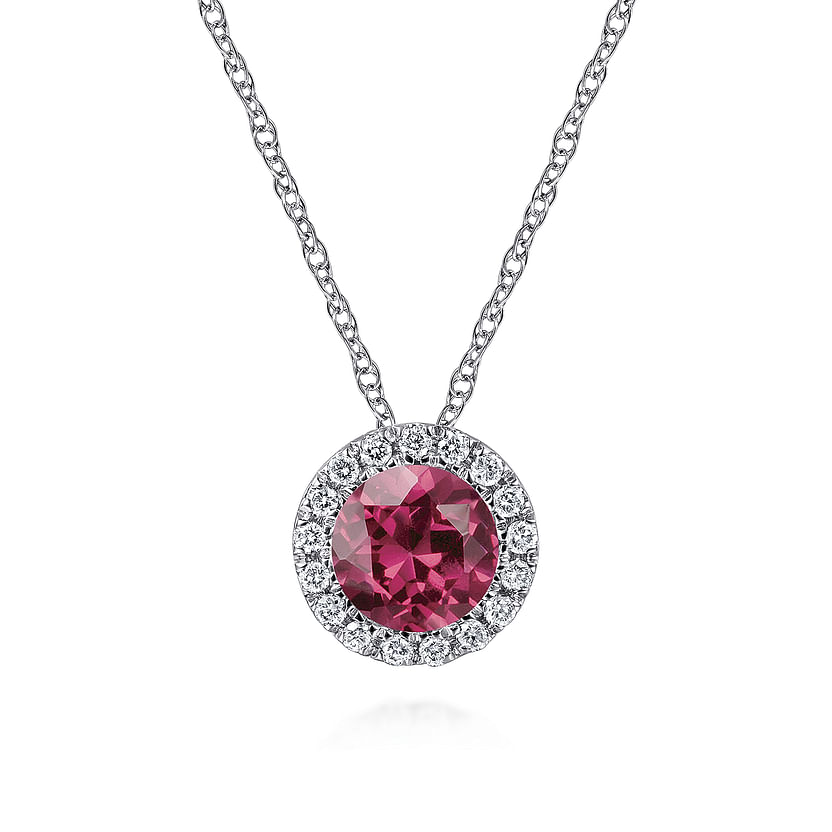 The Gabriel & Co 14K White Gold Diamond Halo Pink Tourmaline Pendant Necklace features an October birthstone pendant with a diamond halo, displayed on a silver chain against a white background.