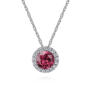 The Gabriel & Co 14K White Gold Diamond Halo Pink Tourmaline Pendant Necklace features an October birthstone pendant with a diamond halo, displayed on a silver chain against a white background.