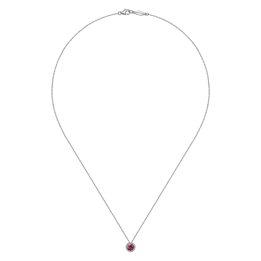 The Gabriel & Co 14K White Gold Diamond Halo Pink Tourmaline Pendant Necklace features an October birthstone in a circular diamond halo, displayed on a delicate white gold chain against a white background.