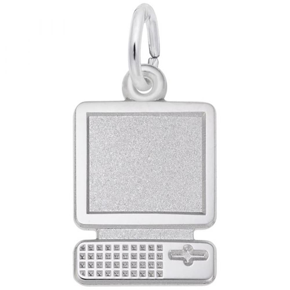 The Desktop Computer Charm by Rembrandt Charms is a sterling silver piece designed in the shape of an old-fashioned desktop computer, featuring a square monitor above a detailed keyboard with a grid of raised dots and a space bar with a small knob. It includes a circular loop at the top for easy attachment to jewelry.