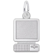 The Desktop Computer Charm by Rembrandt Charms is a sterling silver piece designed in the shape of an old-fashioned desktop computer, featuring a square monitor above a detailed keyboard with a grid of raised dots and a space bar with a small knob. It includes a circular loop at the top for easy attachment to jewelry.