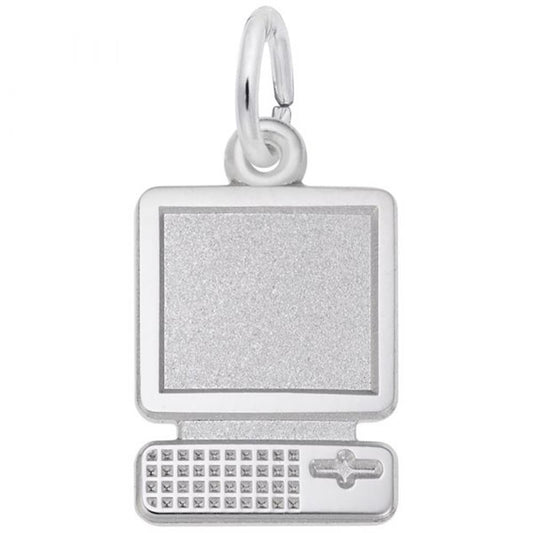The Desktop Computer Charm by Rembrandt Charms is a sterling silver piece designed in the shape of an old-fashioned desktop computer, featuring a square monitor above a detailed keyboard with a grid of raised dots and a space bar with a small knob. It includes a circular loop at the top for easy attachment to jewelry.