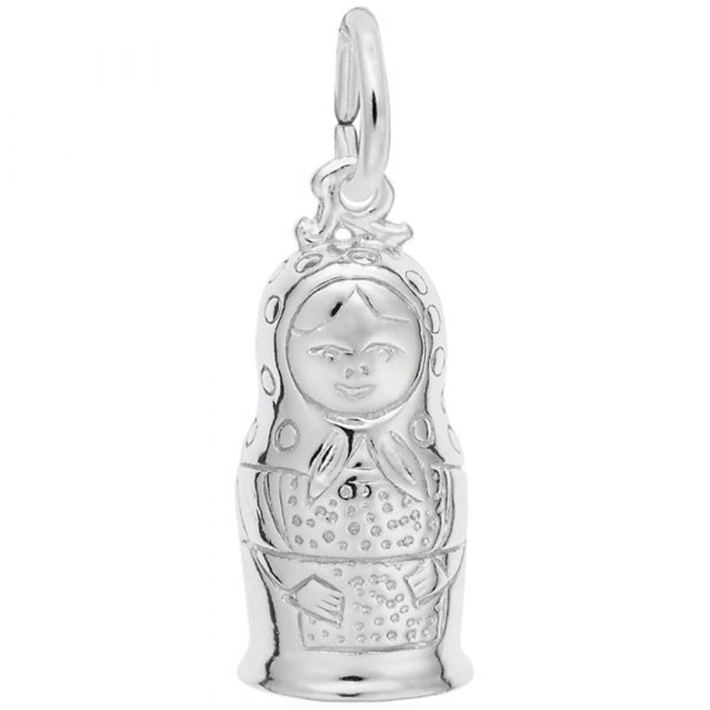 This Rembrandt Charms Matryoshka Doll Charm, crafted in sterling silver, showcases intricate engraved details of a smiling face, headscarf, and traditional dress. The charm also features a small loop at the top for easy attachment.
