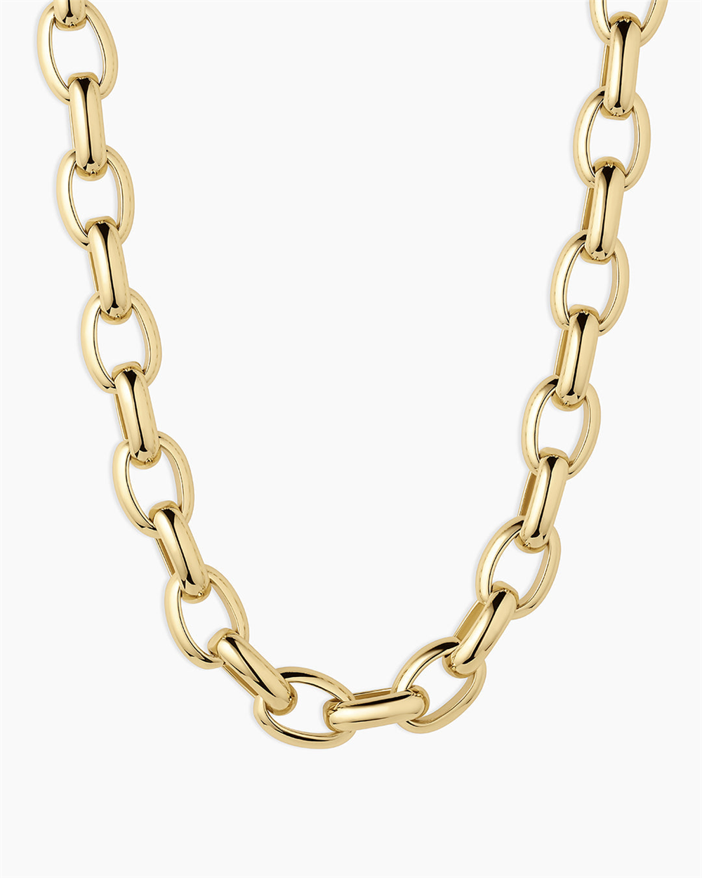The Gorjana Avery Statement Necklace features thick, oval links and a lustrous 18k gold plated finish. The necklace is displayed in a U-shape against a plain white background, with its clasp and ends hidden from view.