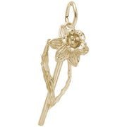 The Rembrandt Charms Daffodil Flower Charm in gold-plated sterling silver beautifully replicates a daffodil flower with intricate petals and leaves, and features a loop at the top for easy attachment to a necklace or bracelet.