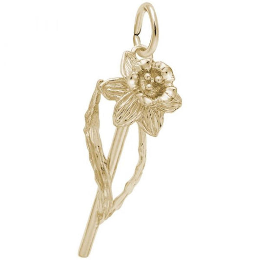 The Rembrandt Charms Daffodil Flower Charm in gold-plated sterling silver beautifully replicates a daffodil flower with intricate petals and leaves, and features a loop at the top for easy attachment to a necklace or bracelet.