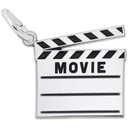 The Rembrandt Charms Movie Clap Board Charm features a sterling silver clapperboard with "MOVIE" inscribed in bold, black uppercase letters across its main body. The slightly open clapper top displays classic black and white stripes. A small loop at the top left corner allows for easy attachment.