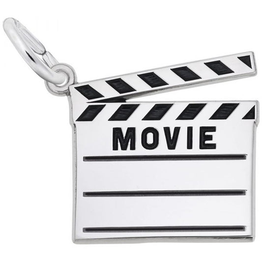 The Rembrandt Charms Movie Clap Board Charm features a sterling silver clapperboard with "MOVIE" inscribed in bold, black uppercase letters across its main body. The slightly open clapper top displays classic black and white stripes. A small loop at the top left corner allows for easy attachment.