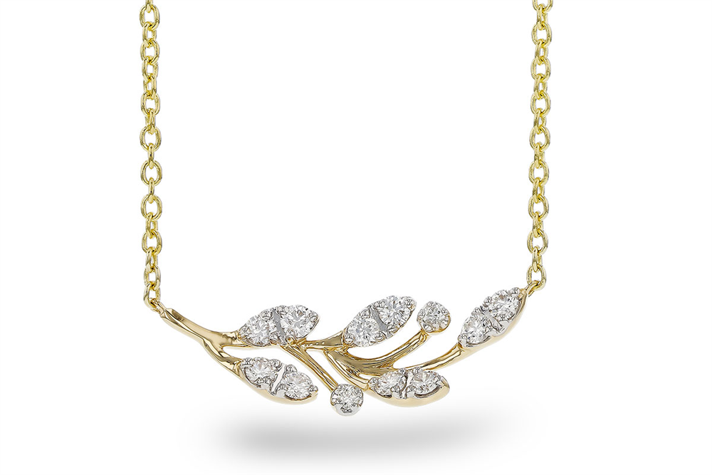 The N8608 14K YG Diamond Bar Leaf Necklace by Allison Kaufman features a delicate chain and a branch-inspired pendant with sparkling diamonds, blending elegance with nature.