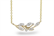 The N8608 14K YG Diamond Bar Leaf Necklace by Allison Kaufman features a delicate chain and a branch-inspired pendant with sparkling diamonds, blending elegance with nature.