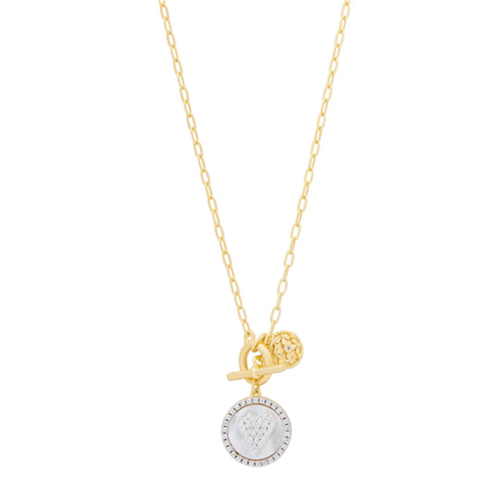 The Sentiments Heart Charm Chain Link Necklace by Freida Rothman features a gold chain with a round, diamond-patterned pendant and an extra small textured charm. A toggle clasp near the pendants completes this elegant piece, inviting personal stories and cherished moments.