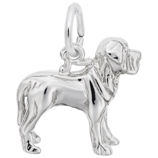 The Rembrandt Charms Mastiff Dog Charm / Sterling Silver in the shape of a Mastiff, featuring detailed fur texture and a small loop at the top for attaching to a bracelet or necklace. The Mastiff is standing with its head and tail pointing to the right.