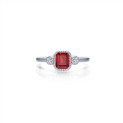 The Lafonn January Birthstone Ring, Size 6, showcases a striking large rectangular red garnet at its center, complemented by two small round simulated diamonds flanking each side. Its simple and polished band beautifully accentuates the vibrant red January birthstone.
