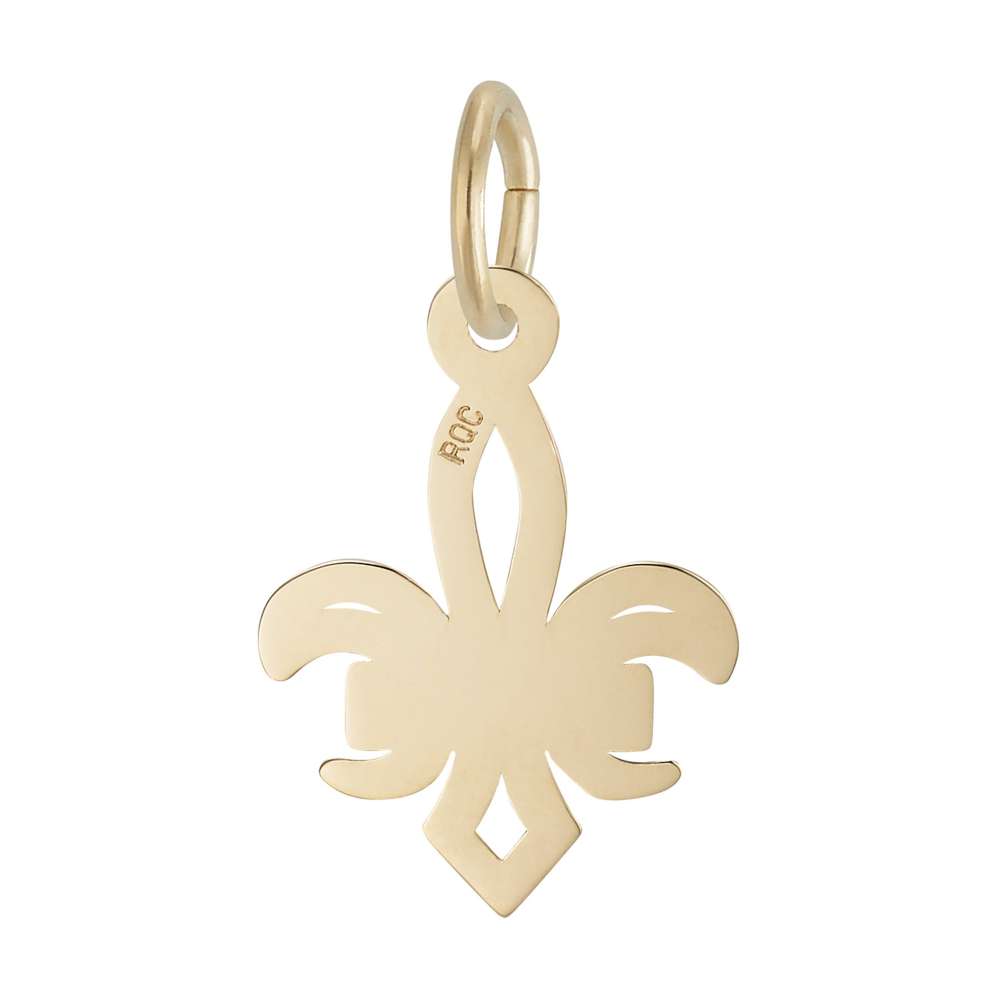 The Rembrandt Charms NOLA Fleur de Lis Charm- Gold Plated features a polished gold finish and a top loop for easy attachment to a necklace or bracelet—an elegant piece of classic New Orleans jewelry perfect for any fleur-de-lis lover.