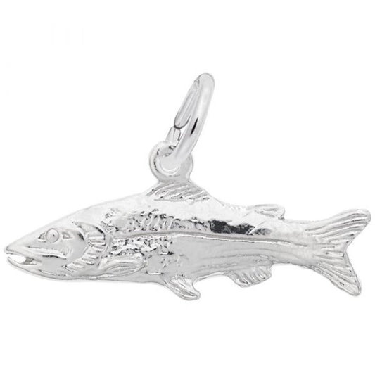 The Snook Fish Charm by Rembrandt Charms is crafted from sterling silver and boasts detailed scales and fins, featuring a small loop and clasp at the top for easy attachment to a bracelet or necklace.
