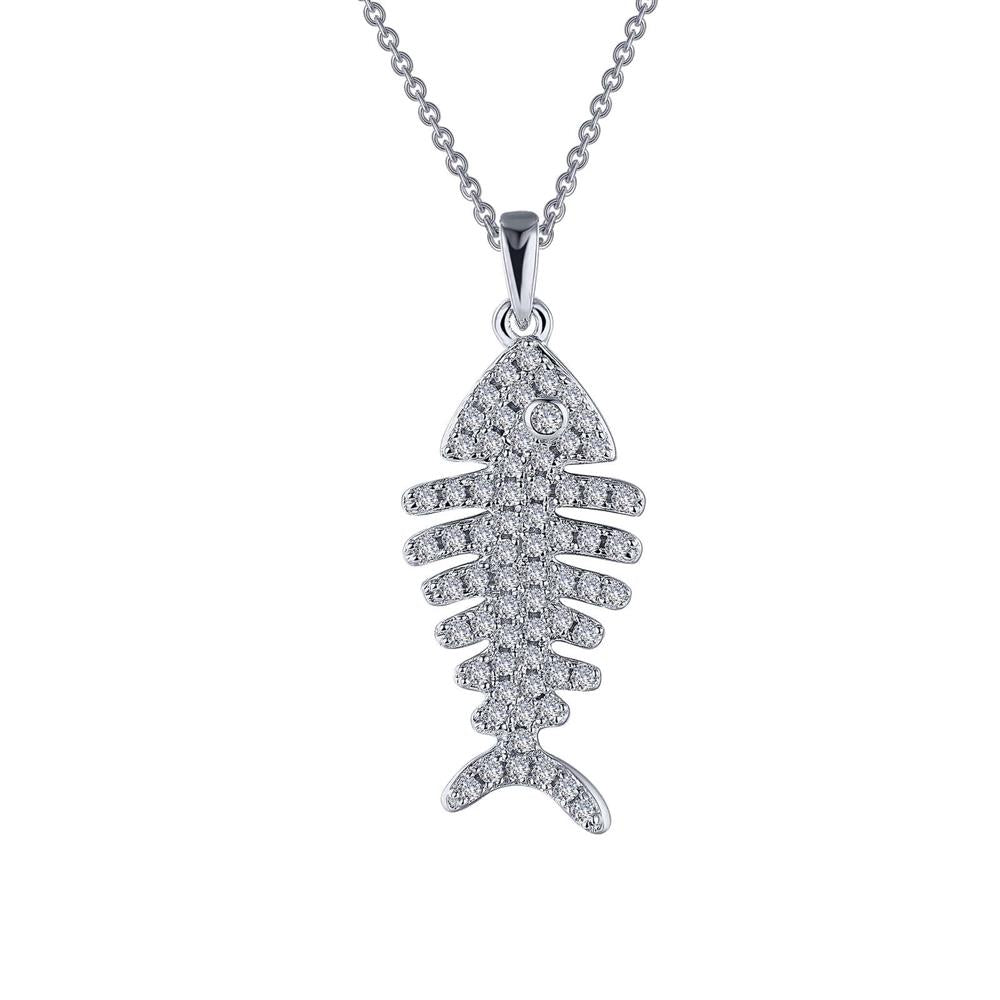The Sterling Silver Fishbone Necklace by Lafonn features a fishbone-shaped pendant encrusted with small, sparkling crystals. This exquisite necklace hangs from a delicate silver chain and is showcased against a plain white background.