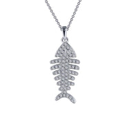 The Sterling Silver Fishbone Necklace by Lafonn features a fishbone-shaped pendant encrusted with small, sparkling crystals. This exquisite necklace hangs from a delicate silver chain and is showcased against a plain white background.