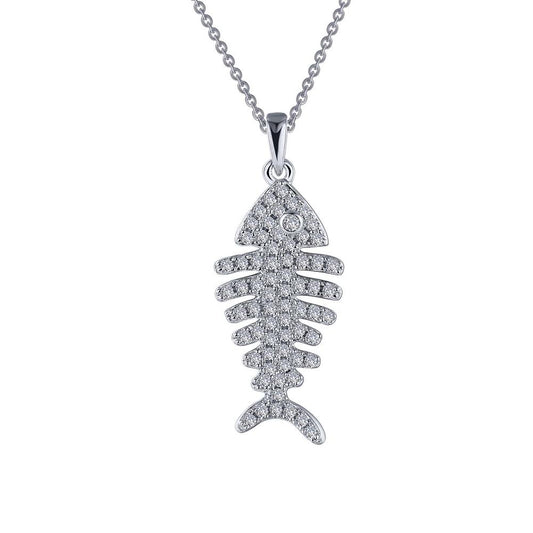 The Sterling Silver Fishbone Necklace by Lafonn features a fishbone-shaped pendant encrusted with small, sparkling crystals. This exquisite necklace hangs from a delicate silver chain and is showcased against a plain white background.