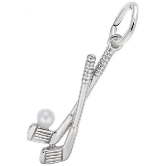 Introducing the Rembrandt Charms Golf Clubs With Ball Charm, a delicate sterling silver pendant featuring two crossed golf clubs complete with intricate grip and clubhead details. At the base of the clubs, a white pearl mimics a golf ball. The charm includes a circular loop at the top for easy attachment to a necklace or bracelet.