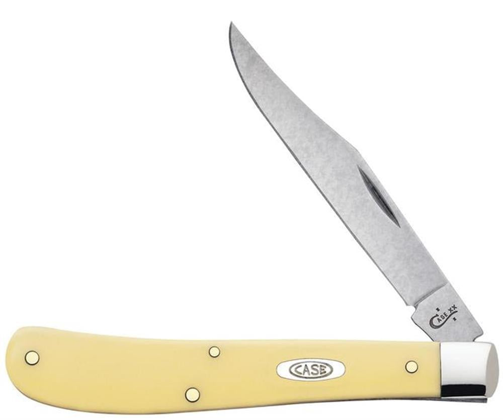 A Yellow Synthetic Smooth Slimline Knife from W.R. Case & Sons Cutlery Co., partially unfolded, features a light yellow synthetic handle with a metallic oval emblem engraved "CASE" and a slanted bolstered end. The single silver blade, Style #00031, showcases the smaller "Case XX" logo near its base.