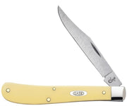 A Yellow Synthetic Smooth Slimline Knife from W.R. Case & Sons Cutlery Co., partially unfolded, features a light yellow synthetic handle with a metallic oval emblem engraved "CASE" and a slanted bolstered end. The single silver blade, Style #00031, showcases the smaller "Case XX" logo near its base.