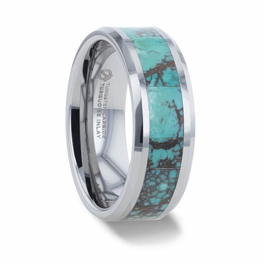 TURKIS Turquoise Spider Web Inlay Tungsten Carbide ring with Beveled P