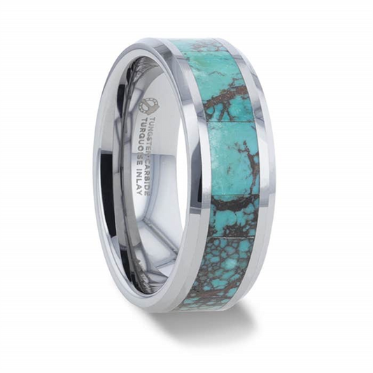 Introducing the TURKIS Turquoise Spider Web Inlay Tungsten Carbide Ring by Thorsten. This captivating silver ring showcases a turquoise spider web inlay with a marbled pattern, complemented by beveled polished edges for a modern, stylish design. The interior is engraved with "TUNGSTEN CARBIDE" and "TURQUOISE INLAY.