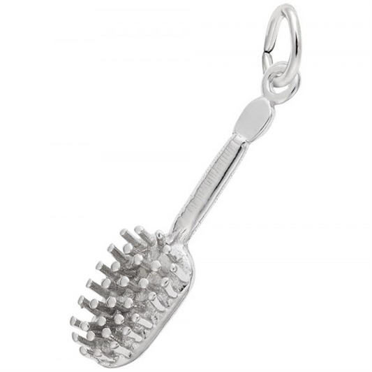 The Hair Brush Charm by Rembrandt Charms is a small, sterling silver pendant designed in the shape of a traditional hairbrush. It features detailed bristles and a loop at the top for easy attachment to a chain or bracelet. This polished accessory beautifully captures the essence of a classic hairbrush.