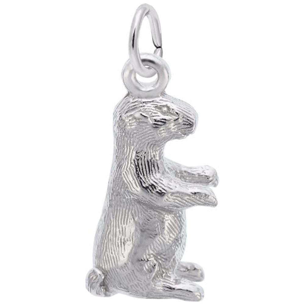 A detailed image of the Sterling Silver Groundhog Charm by Rembrandt Charms. This charm features an intricately detailed groundhog, measuring 0.29 inches by 0.59 inches (7.46 mm by 15.1 mm). The charm has a polished sterling silver finish, perfect for adding a touch of nature and whimsy to any charm bracelet or necklace. Style number 2078.