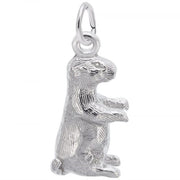 A detailed image of the Sterling Silver Groundhog Charm by Rembrandt Charms. This charm features an intricately detailed groundhog, measuring 0.29 inches by 0.59 inches (7.46 mm by 15.1 mm). The charm has a polished sterling silver finish, perfect for adding a touch of nature and whimsy to any charm bracelet or necklace. Style number 2078.