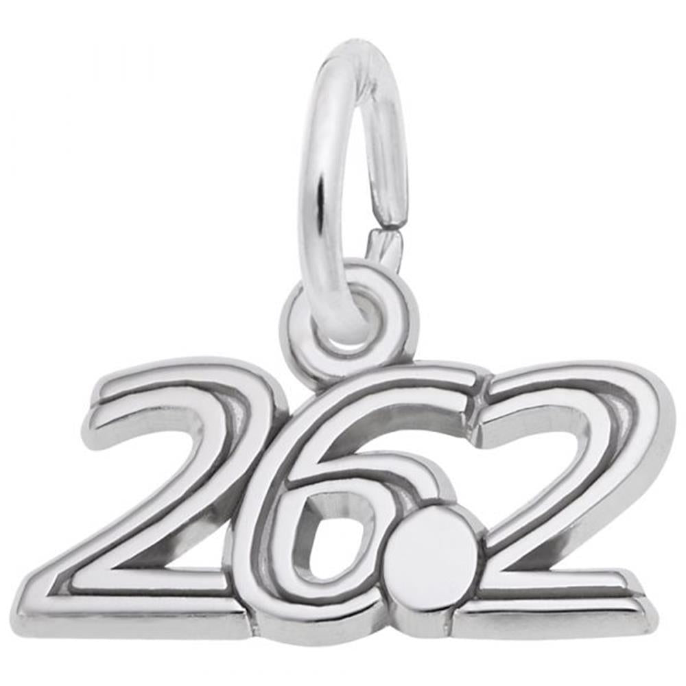 The 26.2 Marathon Charm by Rembrandt Charms, crafted in sterling silver, features a pendant shaped like the number "26.2" with a small loop at the top for attaching to a chain or bracelet, making it ideal for marathon jewelry enthusiasts and perfect for commemorating your achievement.
