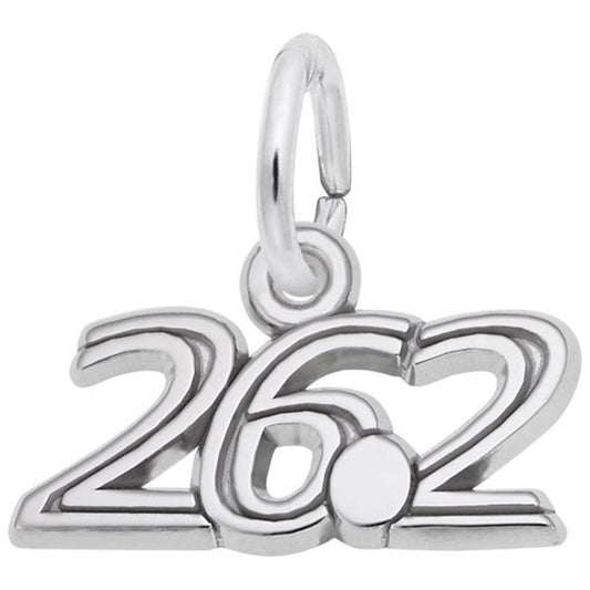The 26.2 Marathon Charm by Rembrandt Charms, crafted in sterling silver, features a pendant shaped like the number "26.2" with a small loop at the top for attaching to a chain or bracelet, making it ideal for marathon jewelry enthusiasts and perfect for commemorating your achievement.
