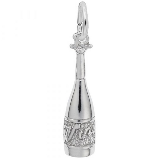 The Rembrandt Charms Wine Bottle - Sterling Silver Charm is a bottle-shaped pendant with a loop at the top for attaching to a chain or bracelet. This detailed charm, featuring an inscription, resembles a miniature champagne or wine bottle, adding elegance to any collection.